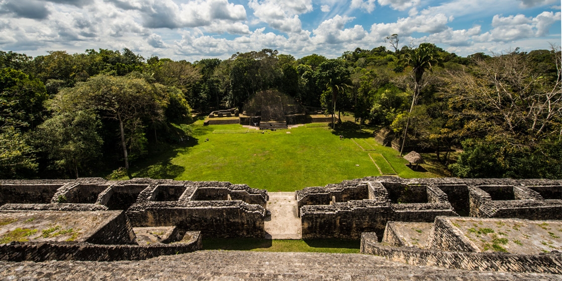 A wide shot of the Mayan ruins in Caracol Belize