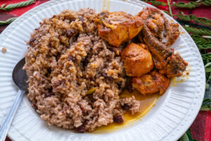 Belizean rice and beans with stew chicken